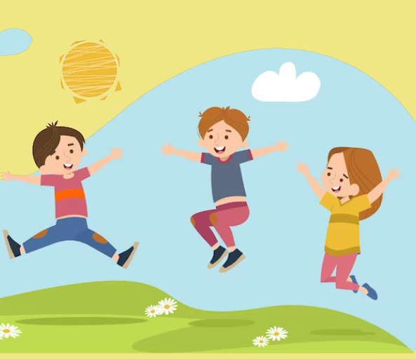 Ilustración de niñas y niños saltando de alegría al aire libre